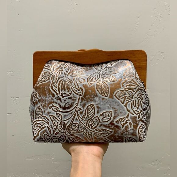 Handmade Genuine Cowhide Floral Embossed, Wooden Frame Bag & 2 Strap Styles - Picture 7 of 16